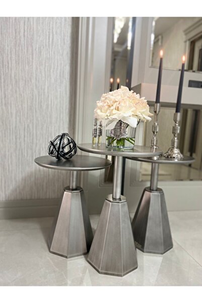 Gold Design Gümüş Eskitme Üçlü Takım Yan Sehpa Zigon 55cm, 50cm,45 Cm