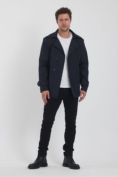 TREND KOMBİN Navy Blue Slim Fit Trench Coat - Double Breasted Collar and Belt Detail