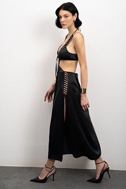 Feu De Elu Tearer Grogren Detaylı Siyah Uzun Saten Gecelik