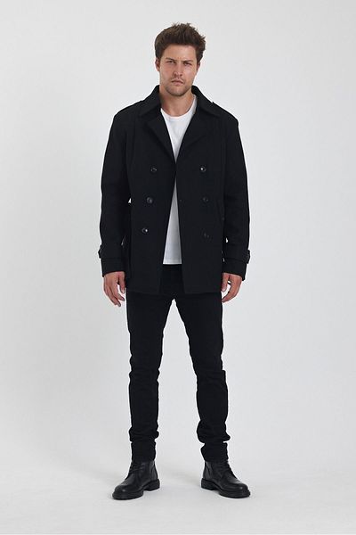 TREND KOMBİN Μαύρο ανδρικό παλτό Stamper - Διπλό γιακά, Slim Fit