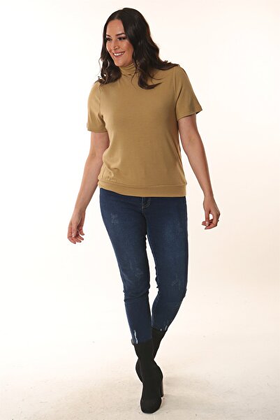 Trend42plus Turtleneck Short Sleeve Beige Knitwear Blouse