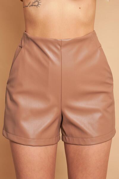 Jument Ekolojik Suni Deri Yüksek Bel Cepli Şort(Yandan Fermuarlı)-Bej