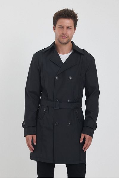 TREND KOMBİN Black Slim Fit Men's Trench Coat - Double Breasted Collar and Belt Detail