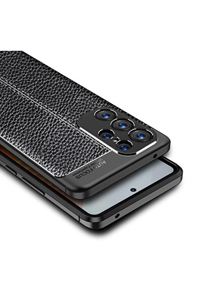 Fibaks Samsung Galaxy S23 Ultra Kılıf Kamera Çıkıntılı Deri Görünümlü Dikiş Desenli Koruyucu Kapak Kilif