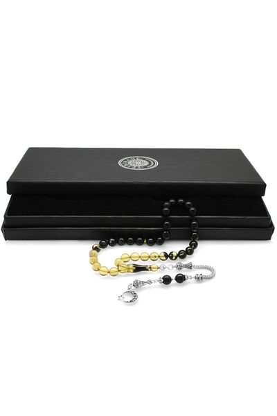 Tesbihane Moon and Star Tasseled Globe Prayer Beads - Black-White, Non-Tarnish Metal, Filtered Fire Amber