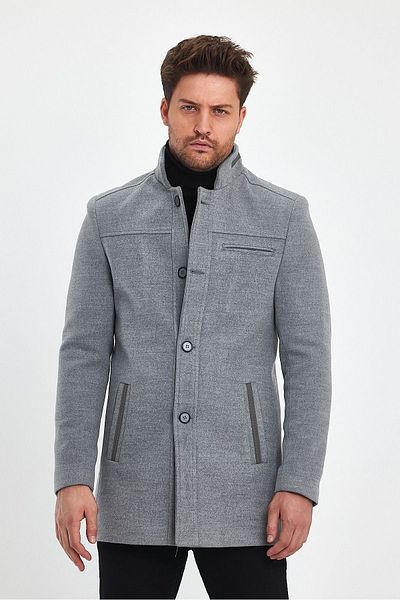 TREND KOMBİN Ανδρικό παλτό σε ανοιχτό γκρι κασμίρ - Slim Fit