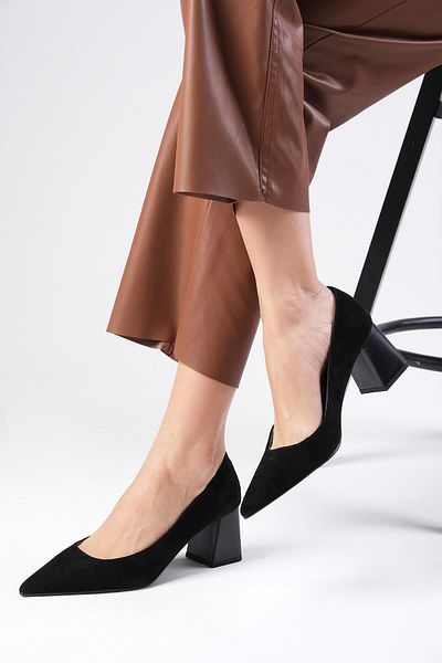 Mio Gusto Fleur Genuine Suede Black Color Block Heeled Women's Heeled Shoes