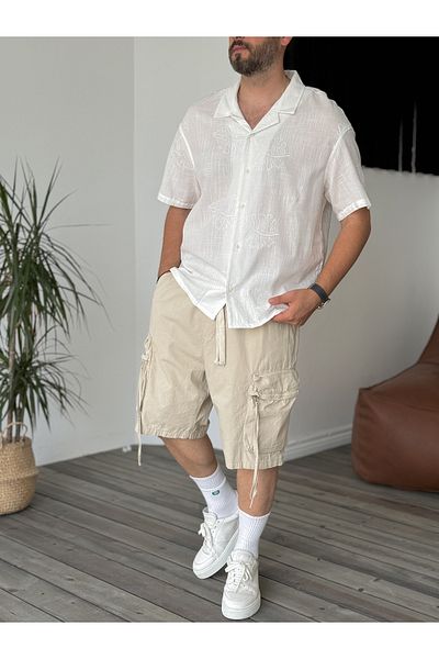 BYBASICMAN Ecru Leaf Embroidered Short Sleeve Shirt V-40-881