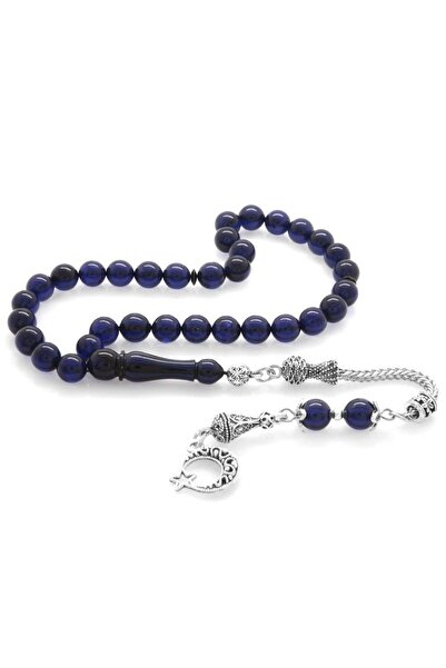 Tesbihane خرزة صلاة من العنبر المضغوط باللون الأزرق الداكن مع شرابات معدنية على شكل نجمة خالية من التشويه