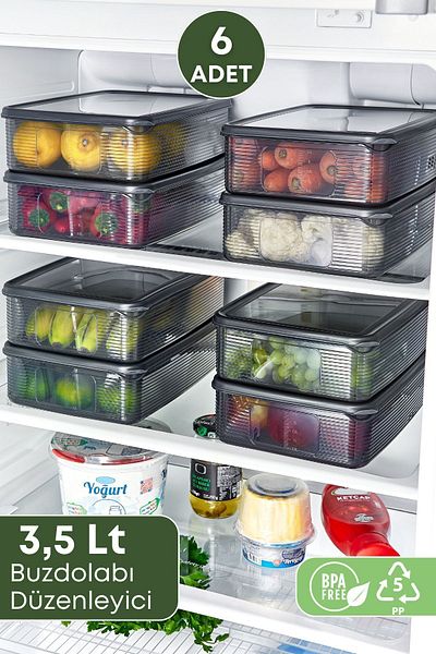 GRİMOR Life 6 Pieces Refrigerator Organizer Storage Container Set 3.5 Lt Smoked-Dip Freezing Storage Container