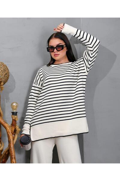 DRESSY CL Crew Neck Stripe Detailed Tunic and Solid Wide Leg Trousers 2-Piece Lower Top Women's Knitwear Set