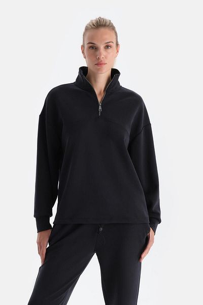 Dagi Schwarzes Modal-Sweatshirt mit halbem Reißverschluss für Damen