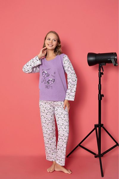 Sude HOMEWEAR Women's Lilac Color Patterned Two Thread Long Sleeve Pajama Set
