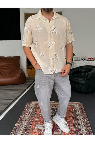 BYBASICMAN Beige Palm Embroidered Shirt G-5444/3