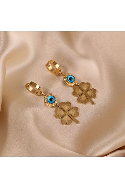 FOURSOLOS Steel Women's Earrings, (Middle Size) Evil Eye Bead Clover, Gold Color, No:77