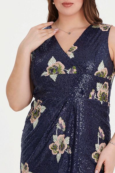 EVEN plus size Plus Size Sequined Navy Blue Floral Patterned Double Breasted Evening Dress