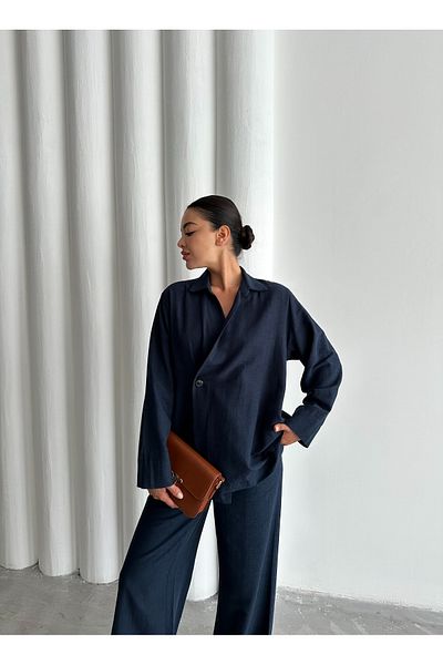 Laluvia Marineblaues, zweireihiges, geknöpftes Kimono-Hosen-Set aus 100 % Baumwolle