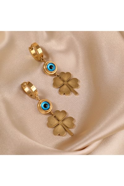 FOURSOLOS Steel Women's Earrings, (Middle Size) Evil Eye Bead Clover, Gold Color, No:77