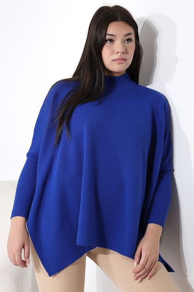 Devinka Women's Saks Blue Oversize Slit Knitwear Poncho Sweater