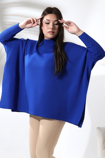 Devinka Women's Saks Blue Oversize Slit Knitwear Poncho Sweater