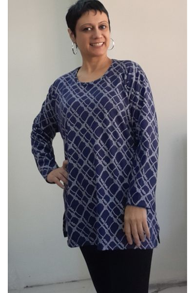 Mertcan Butik Navy Blue Chain Print Long-Sleeved Steel Knitted T-Shirt