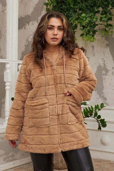 RMG Large Size Long Plush Coat with Pocket Detail