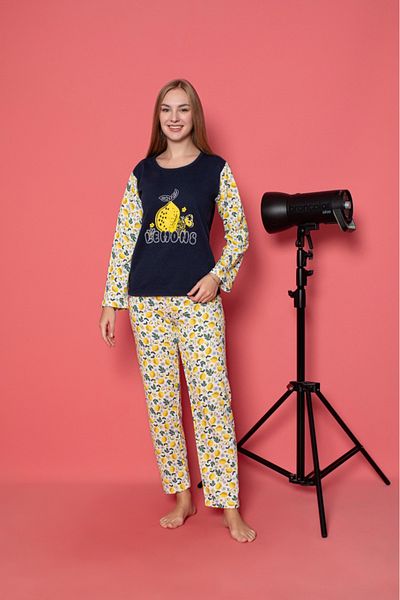 Sude HOMEWEAR Women's Lemon Patterned Two Thread (Raised) Long Sleeve Pajama Set