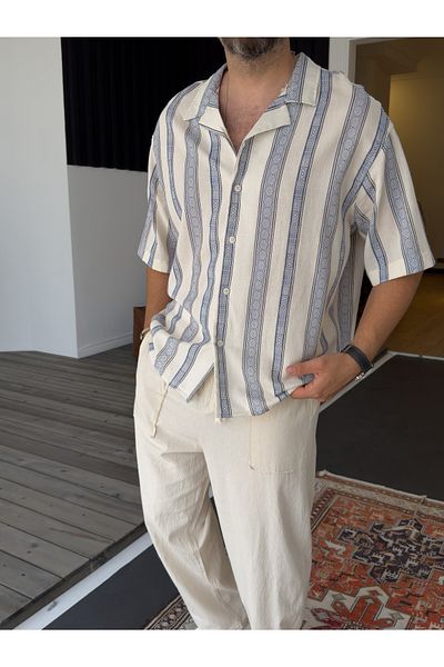 BYBASICMAN Μπλε μοτίβο ριγέ κοντομάνικο πουκάμισο V-40-941