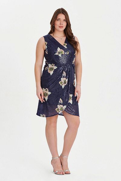 EVEN plus size Plus Size Sequined Navy Blue Floral Patterned Double Breasted Evening Dress