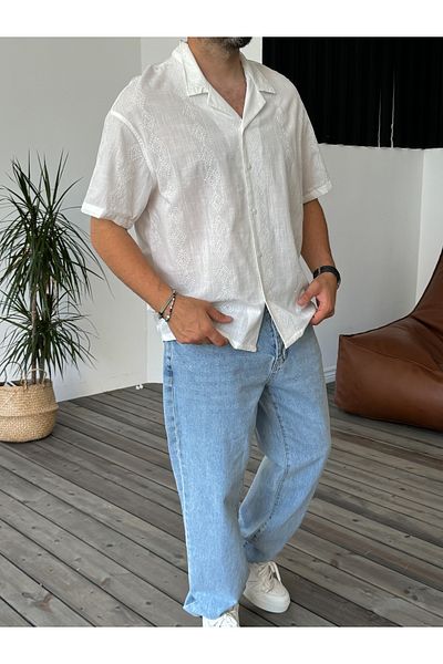 BYBASICMAN White Diamond Embroidered Short Sleeve Shirt V-40-875