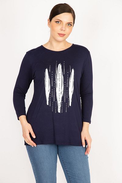 Şans Women's Navy Blue Plus Size Blouse with Stone and Print Detail 65n36077