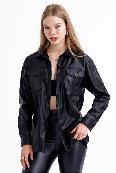 MD trend Γυναικείο δερμάτινο πουκάμισο διπλής τσέπης με κουμπωτό κλείσιμο