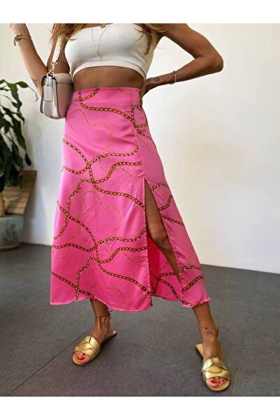 TİENDEROPA Fusta din satin premium pentru femei Julidress, cu model de lanț, culoare roz, cu fermoar lateral cu fante adâncă