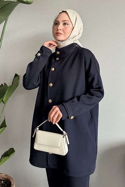 InStyle Buttoned Judge Collar Navy Blue Scuba Suit