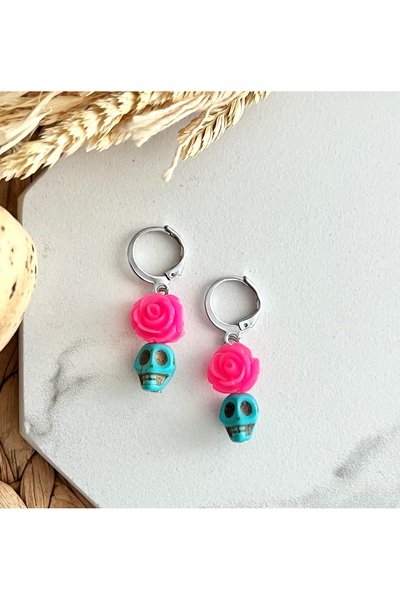 HALHALMILL Turkuaz Kurukafalı Çiçekli Küpe