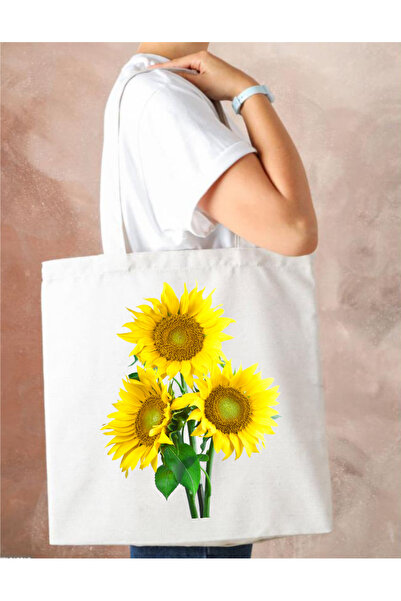 Outdoor One Ayçiçeği Baskılı Bez Çanta Büyük Boy Kadın Omuz Çantası CNT003