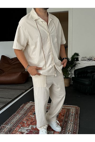 BYBASICMAN Beige Knit Embroidered Short Sleeve Shirt V-40-821