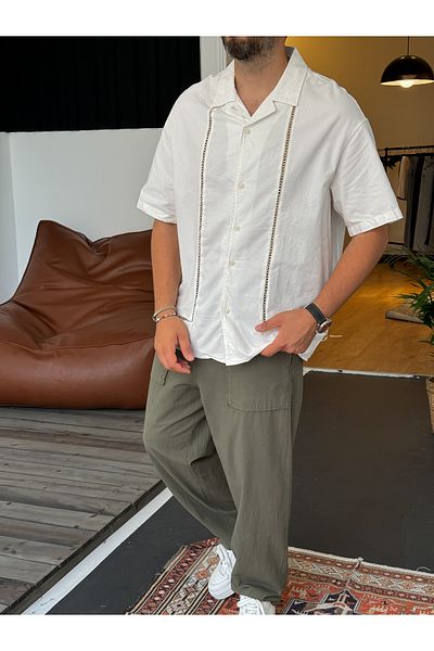 BYBASICMAN Ecru Knitted Embroidered Short Sleeve Shirt V-40-821