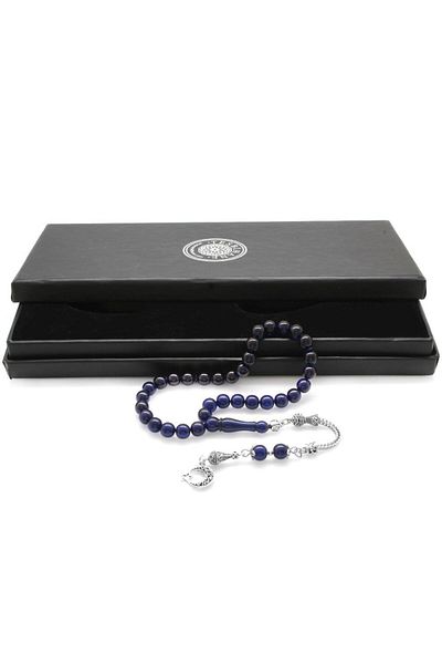 Tesbihane Non-Tarnish Metal Crescent Star Tasseled Globe Cut Dark Blue Crimped Amber Prayer Beads