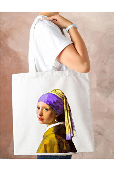 Outdoor One Baskılı İnci Küpeli Kız Bez Çanta Büyük Boy Kadın Omuz Çantası CN...