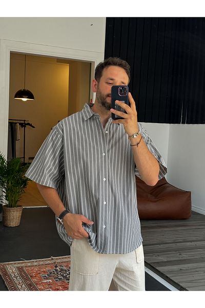 BYBASICMAN Anthracite Double Striped Short Sleeve Shirt V-40-886