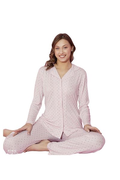 ROYAM Set de pijamale roz viscoză Tarik pentru femei - mâneci lungi, nasturi și dantelă 6100-9
