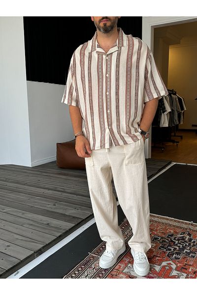 BYBASICMAN Coffee Pattern Striped Short Sleeve Shirt V-40-941