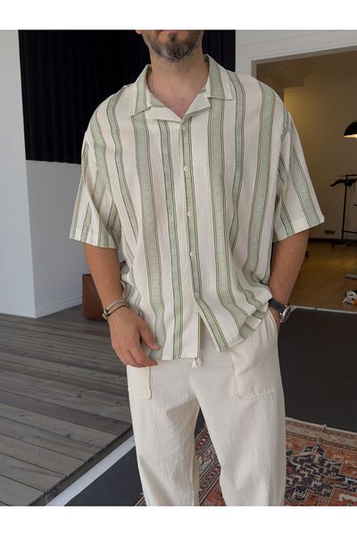 BYBASICMAN Green Pattern Striped Short Sleeve Shirt V-40-941