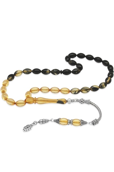 Tesbihane Erkek 925 Ayar Gümüş Tek Püsküllü Arpa Kesim Süzme Siyah Ateş Kehribar Tesbih