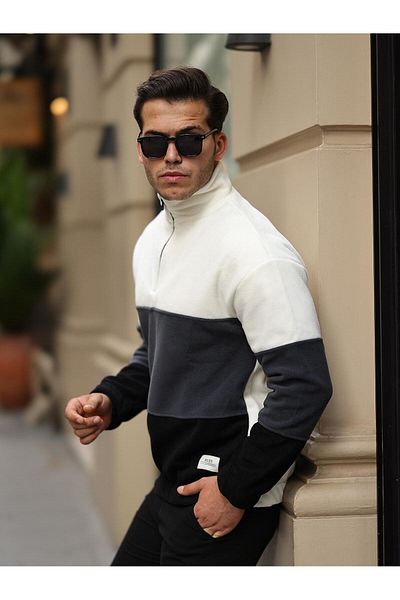 Valiberta Piece Pattern Half Zipper Fleece Sweatshirt - Ecru/smoked/black