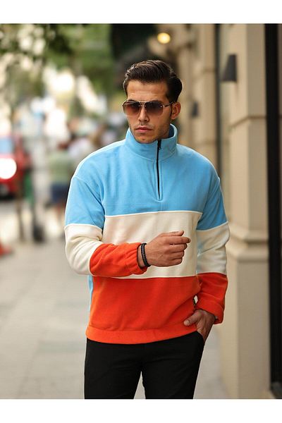 Valiberta Piece Pattern Half Zipper Fleece Sweatshirt Baby Blue/ecru/orange