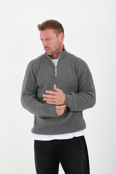 Valiberta Men's Knitwear Sweater - Thessaloniki Knit, Half Zipper, Oversize Smoked