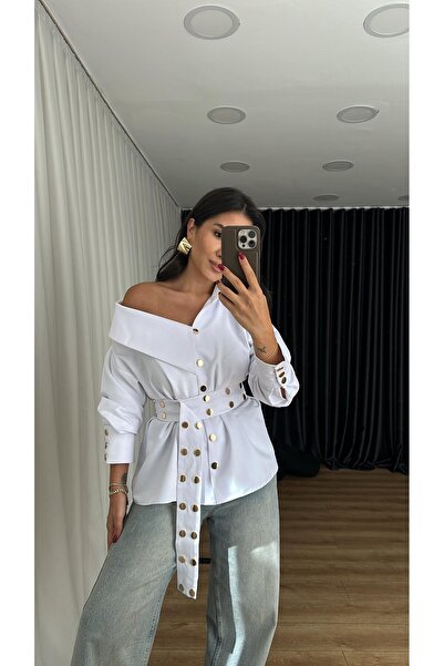 HARMONY GLOBAL Cămașă de damă cu design cu centură, din aur alb, 7015