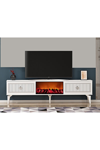 DEMONTE DECOR NİLL ŞÖMİNELİ TV SEHPASI BEYAZ-GÜMÜŞ